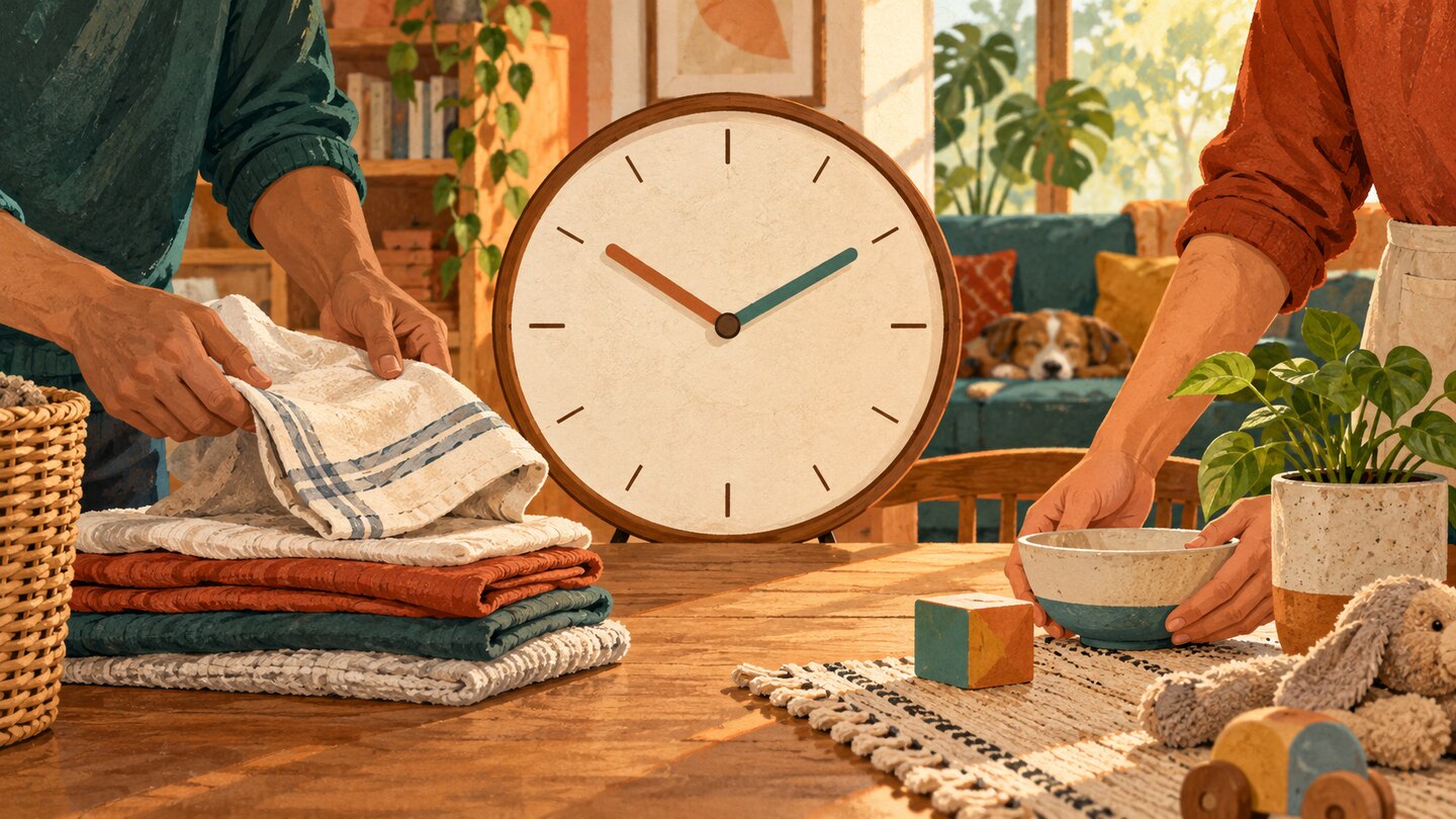 Ilustración conceptual de manos que comparten tareas domésticas alrededor de un reloj sin números.
