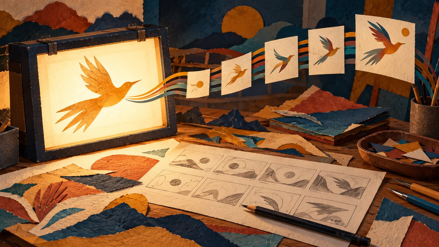 Ilustración de una mesa de animación con un ave de papel y cuadros de movimiento conectados por cintas de color.