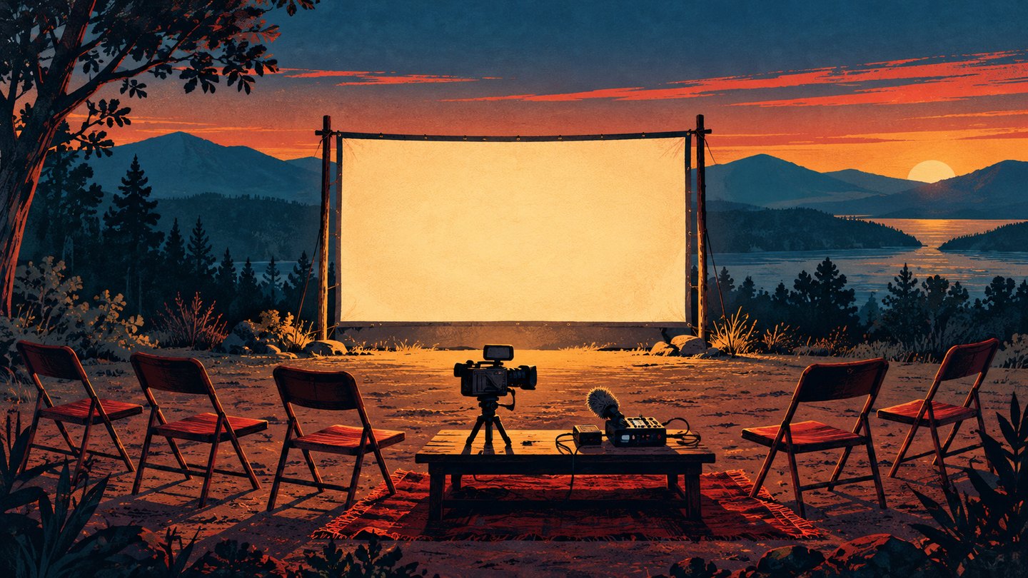 Ilustración conceptual de una cámara, equipo de sonido y sillas frente a una pantalla al aire libre, sin personas ni lugar identificado.