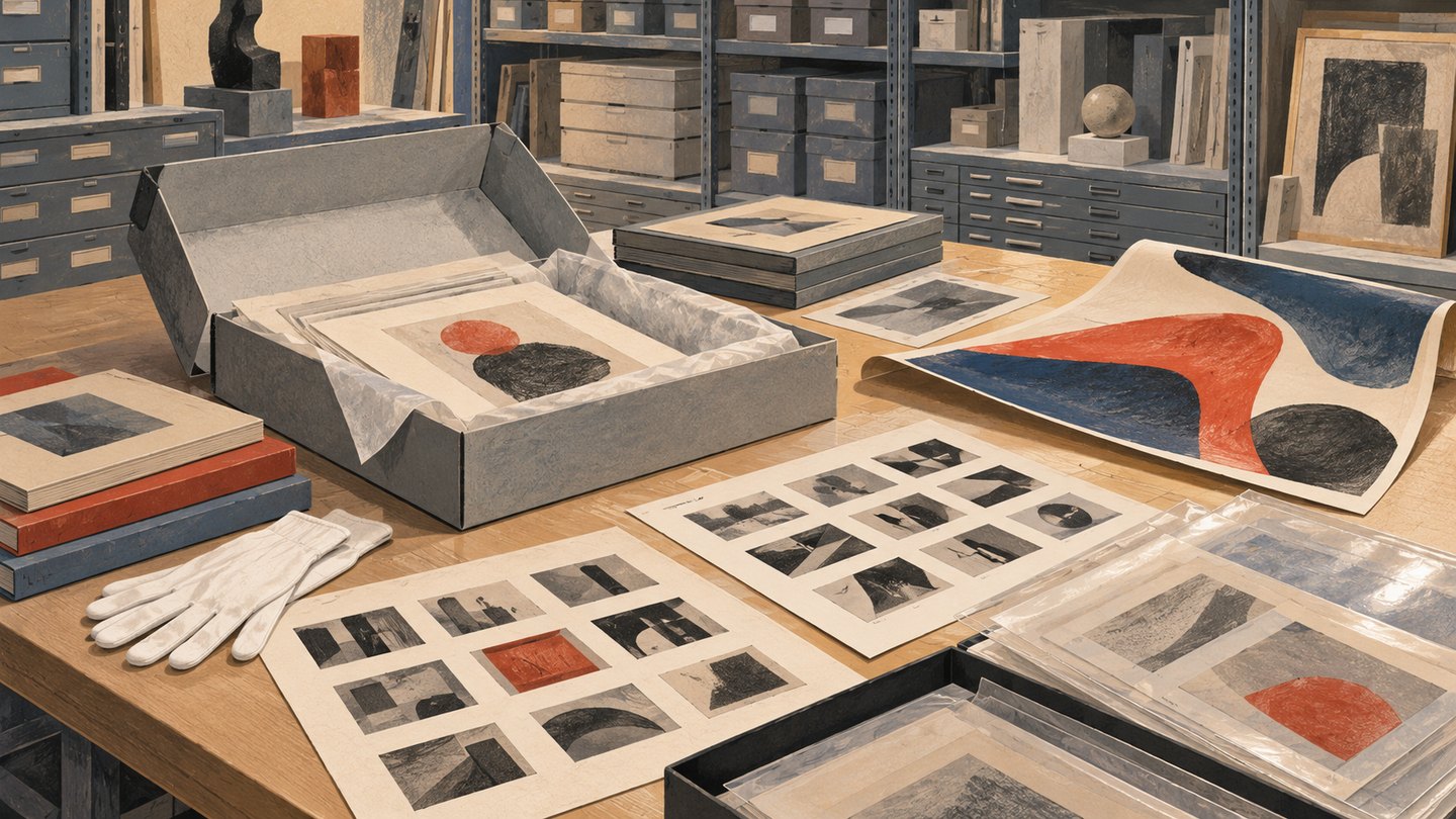 Ilustración conceptual de una mesa de archivo con cajas, libros, hojas de contacto abstractas y materiales de exposición inventados.
