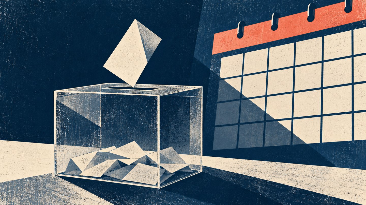 Ilustración conceptual de una urna transparente, una boleta en blanco y un calendario sin fechas.