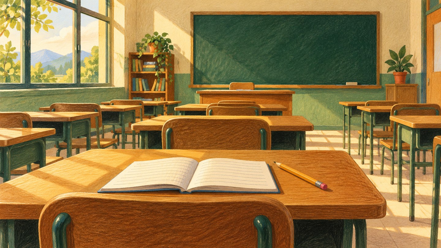 Ilustración conceptual de un salón de clases vacío, con cuaderno y lápiz en primer plano y pizarrón sin texto.