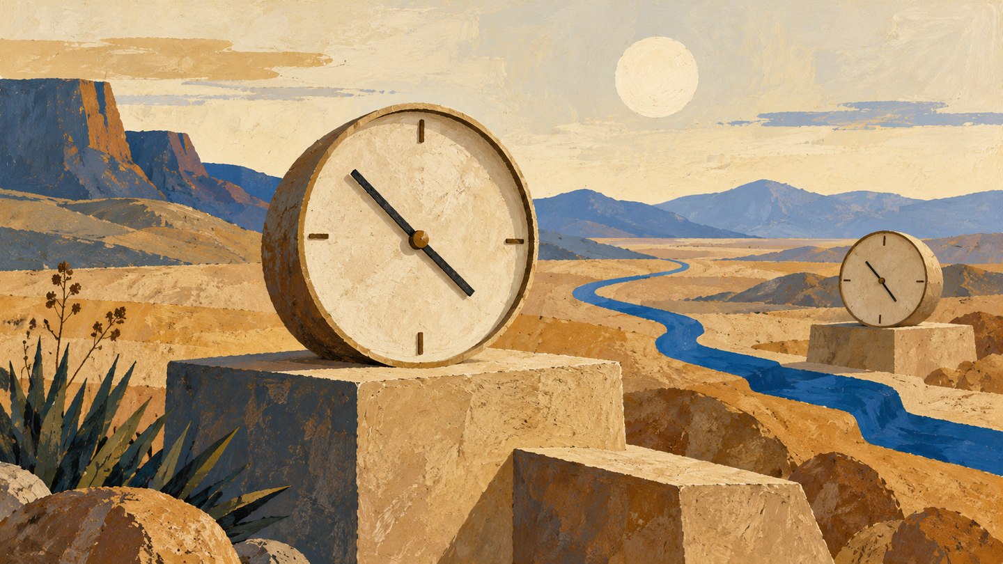 Ilustración conceptual de dos relojes sin números sobre bloques de piedra en un paisaje desértico abstracto.
