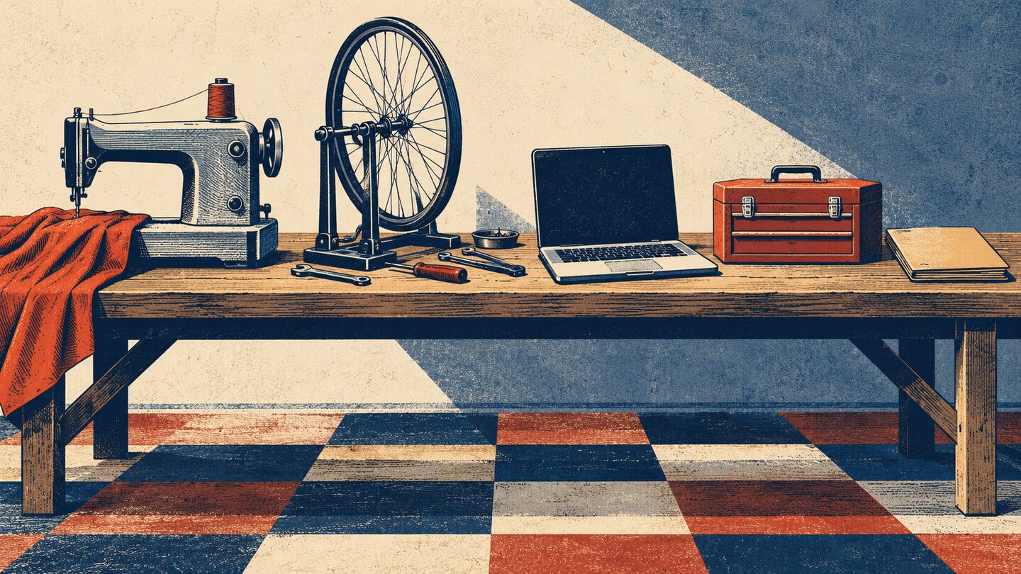 Ilustración conceptual de herramientas, máquina de coser, computadora y carpeta sobre una mesa de trabajo.