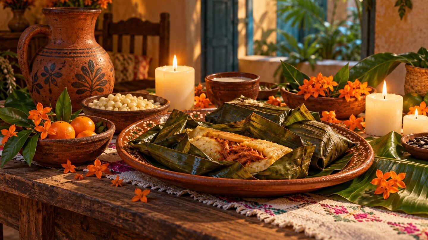 Ilustración conceptual con alimento en hoja de plátano, cerámica, flores y velas sobre una mesa.