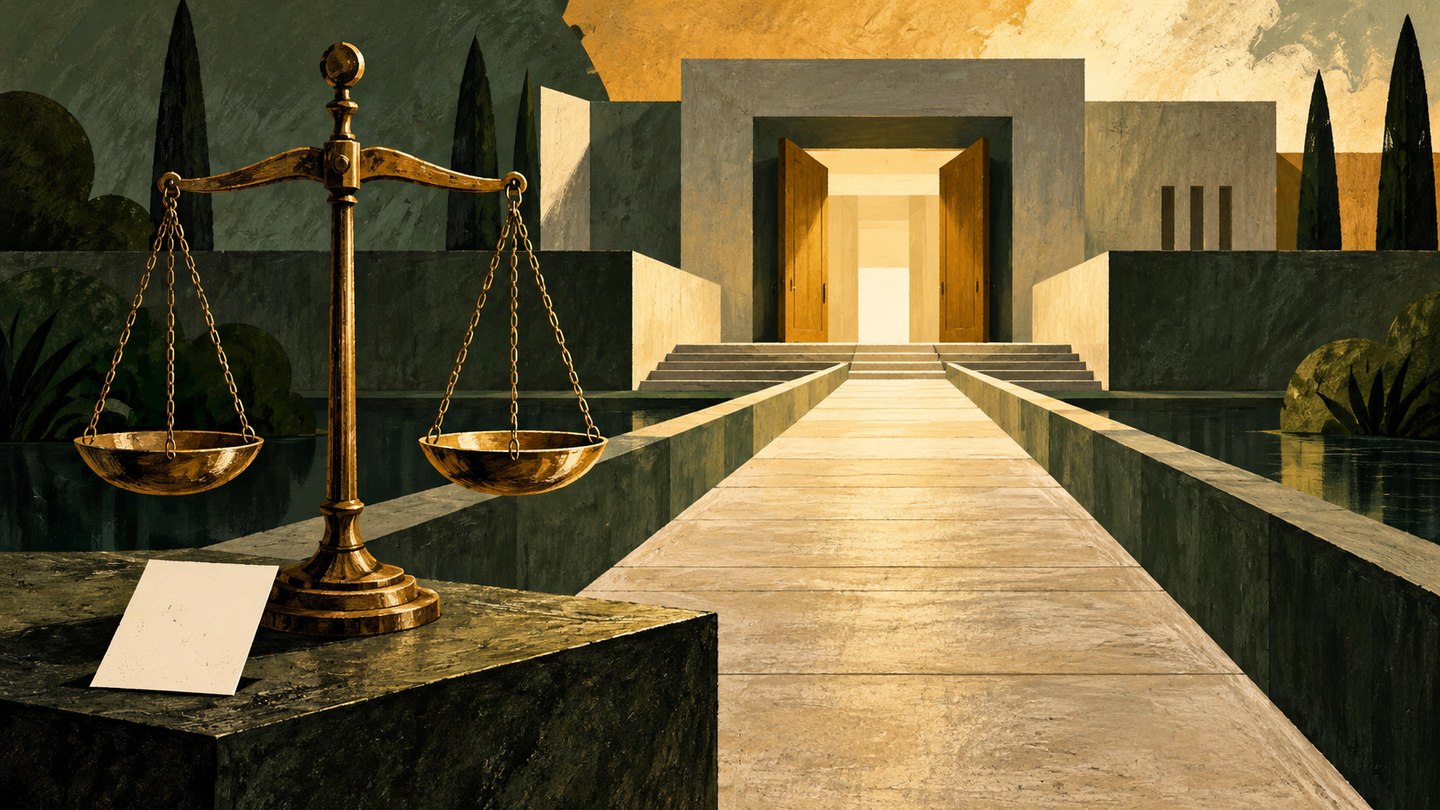 Ilustración conceptual de una balanza y una boleta frente a un edificio judicial abstracto con puertas abiertas.
