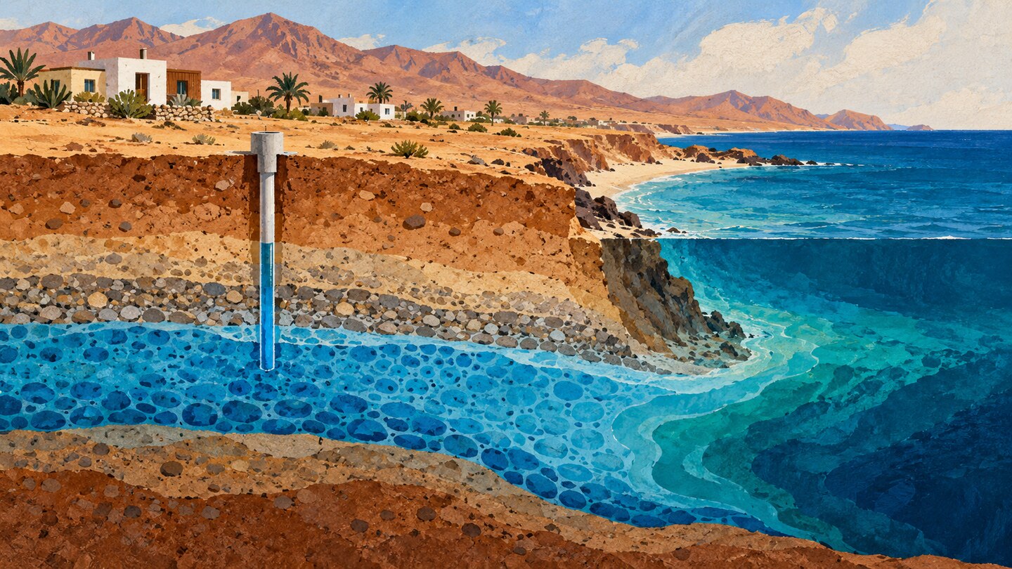 Ilustración conceptual de viviendas y un pozo sobre capas de suelo y agua junto a una costa imaginaria.