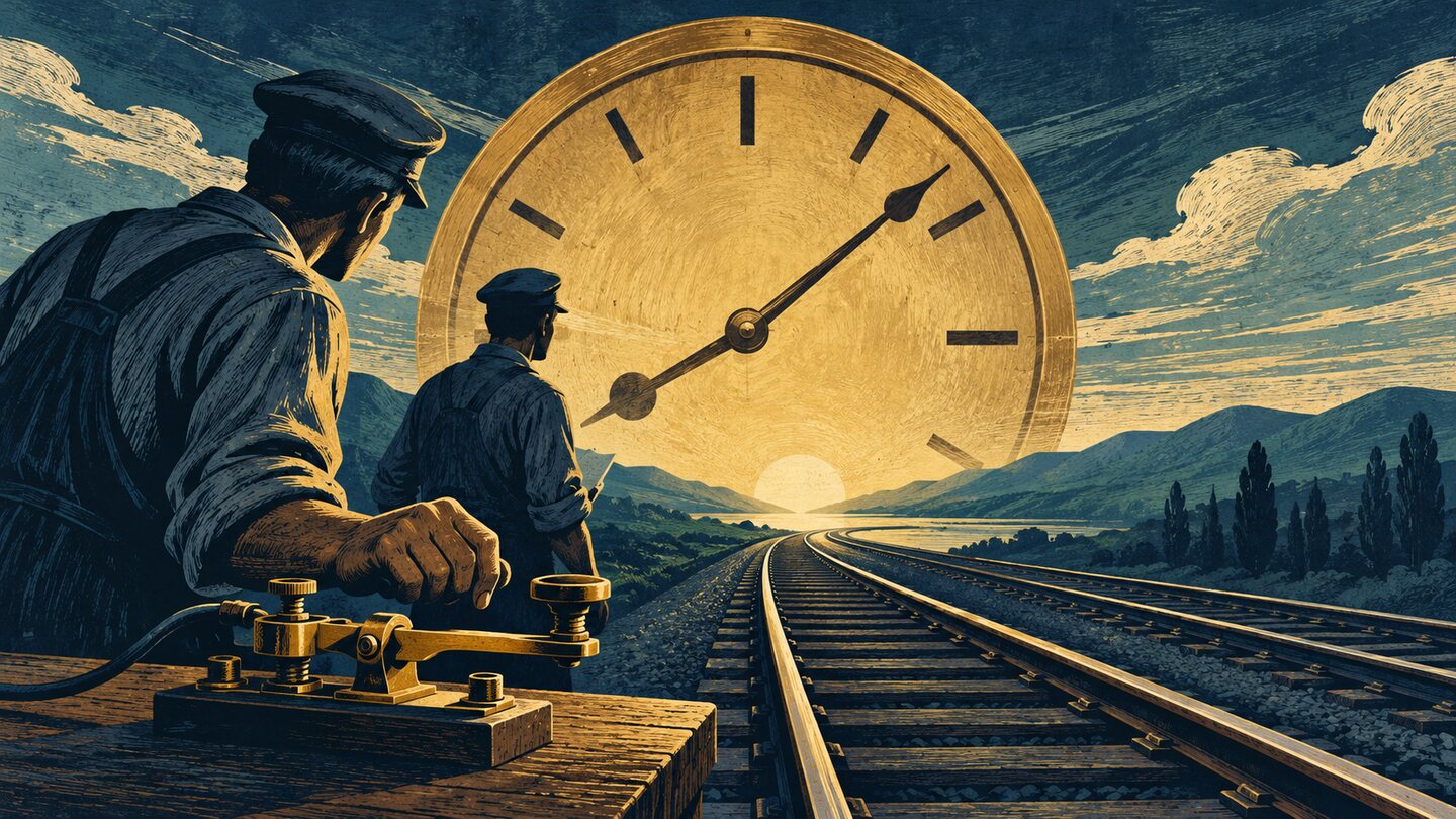 Ilustración conceptual de un reloj, vías, telégrafo y trabajadores genéricos; no representa personas históricas reales, generada con IA.