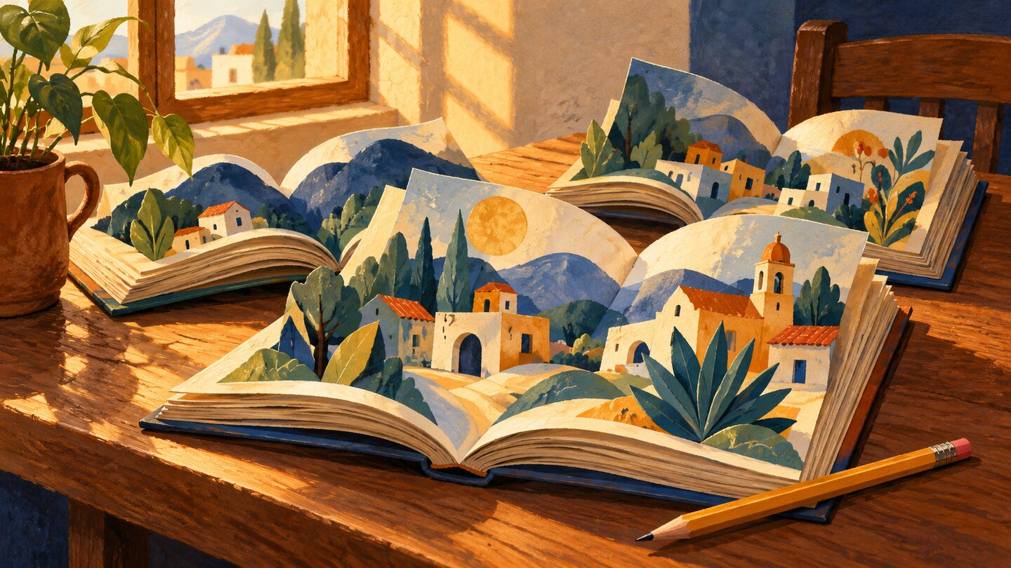 Ilustración conceptual de libros abiertos sobre una mesa, cuyas páginas forman casas y paisajes; generada con IA.