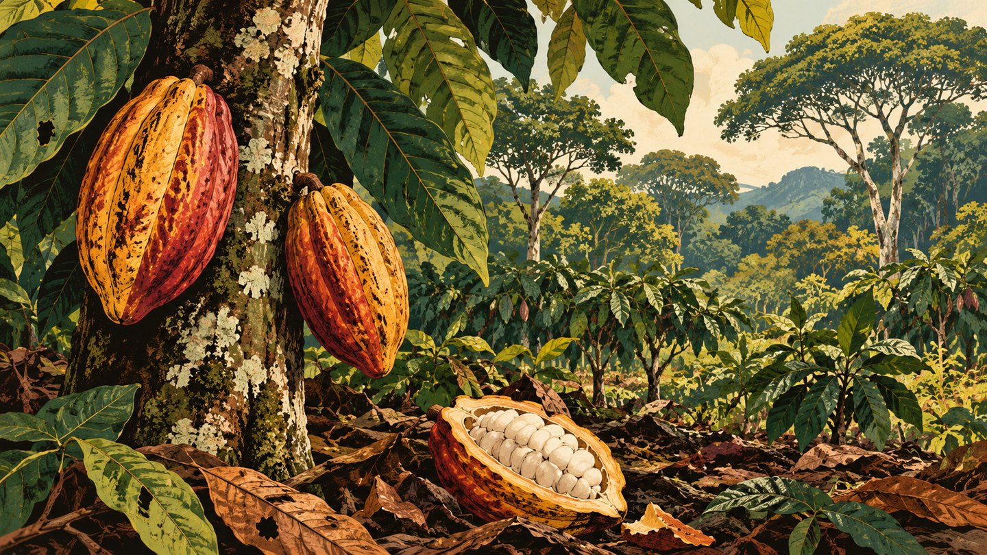 Ilustración de mazorcas de cacao en un tronco, un fruto abierto y árboles de sombra en un sistema agroforestal conceptual.