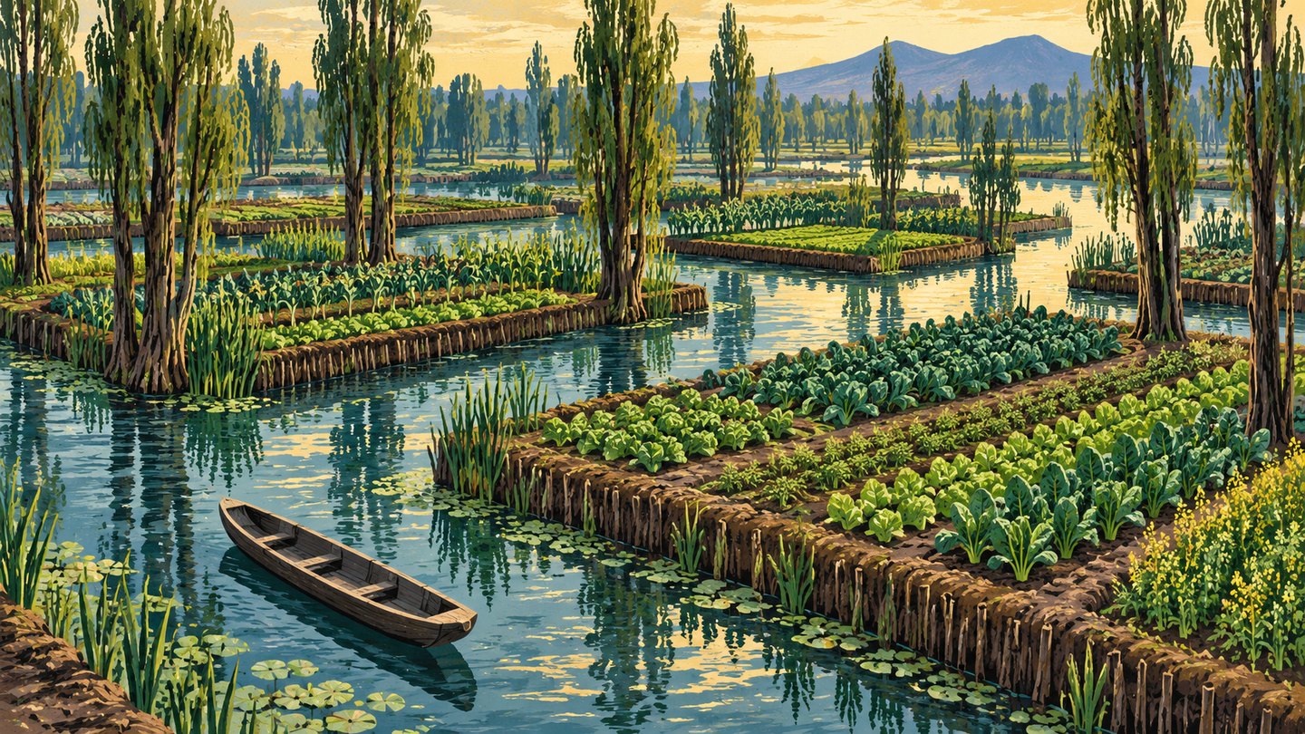 Ilustración conceptual de parcelas chinamperas cultivadas, canales, árboles y una canoa de trabajo vacía.