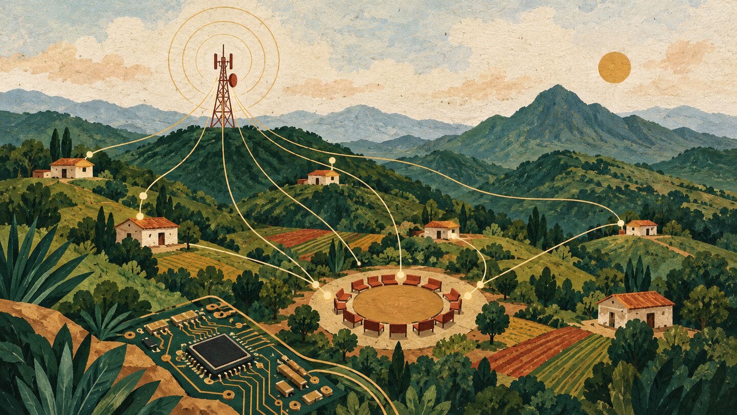 Ilustración conceptual de una antena, circuitos y una mesa comunitaria conectados sobre montañas imaginarias.