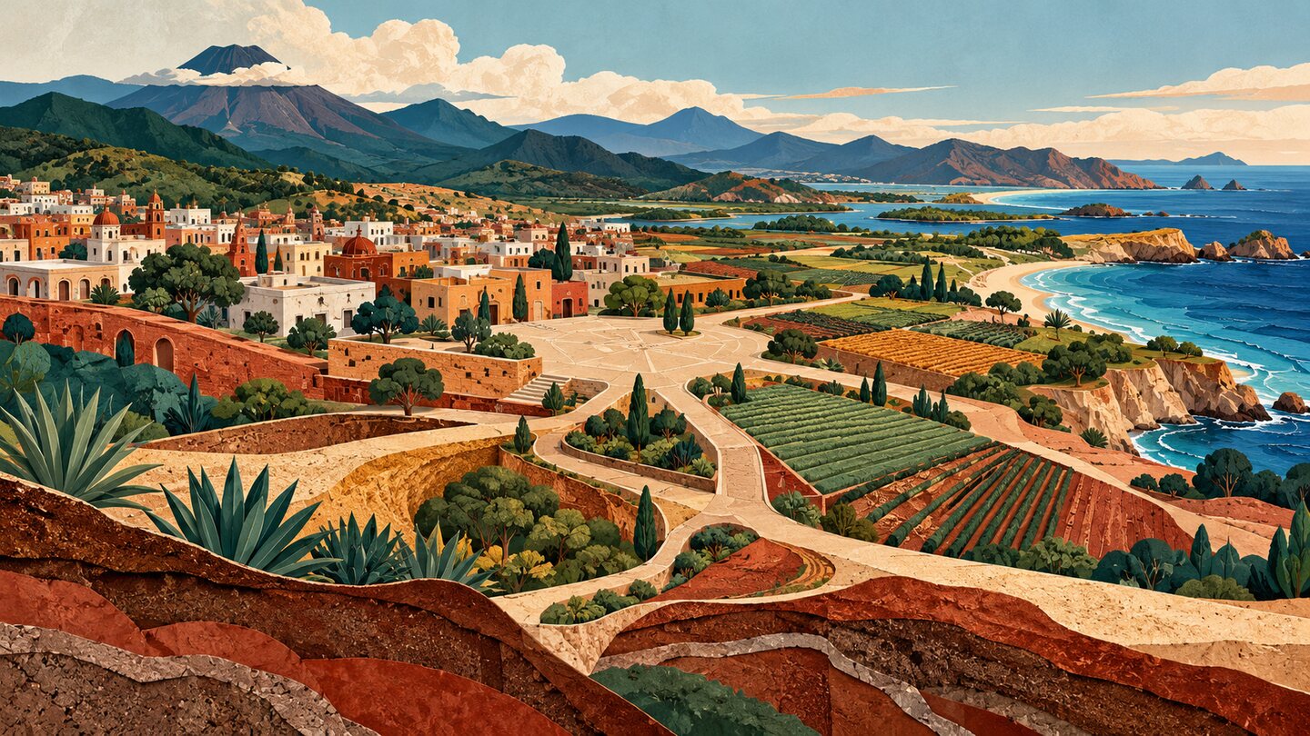 Ilustración conceptual de caminos, poblados, campos, montañas y costa conectados sobre distintas capas de tierra; generada con IA.