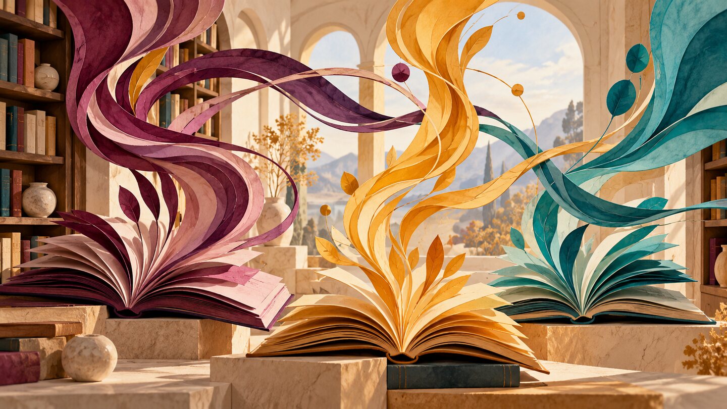 Ilustración conceptual de tres libros abiertos en una biblioteca de los que surgen cintas de distintos colores; generada con IA.