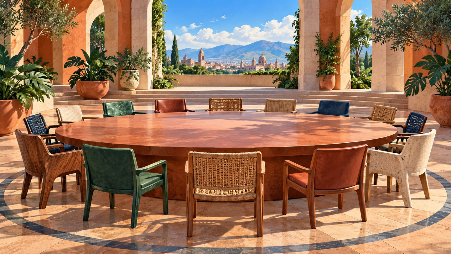 Ilustración conceptual de una mesa ovalada con sillas distintas y vacías en un patio cívico imaginario.