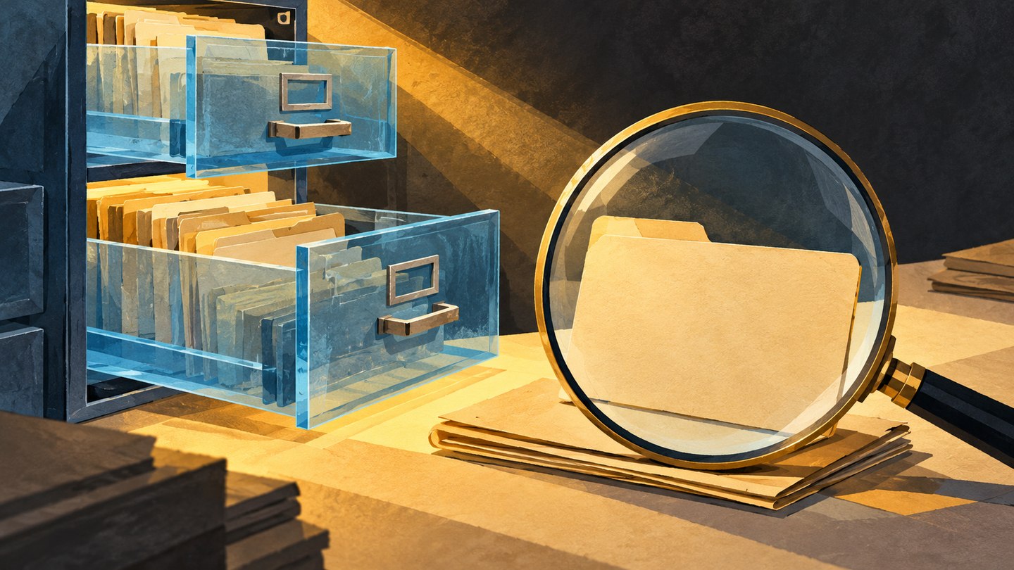 Ilustración conceptual de un archivero con cajones transparentes y una lupa frente a una carpeta sin texto.