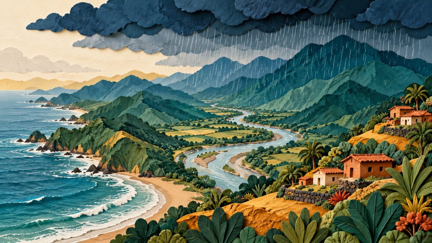 Ilustración conceptual de nubes de lluvia sobre montañas, un río y viviendas; no representa un lugar ni un hecho real.