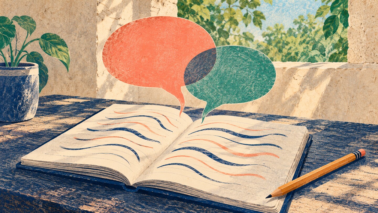 Ilustración conceptual de un cuaderno, un lápiz y globos de conversación en un aula imaginaria.